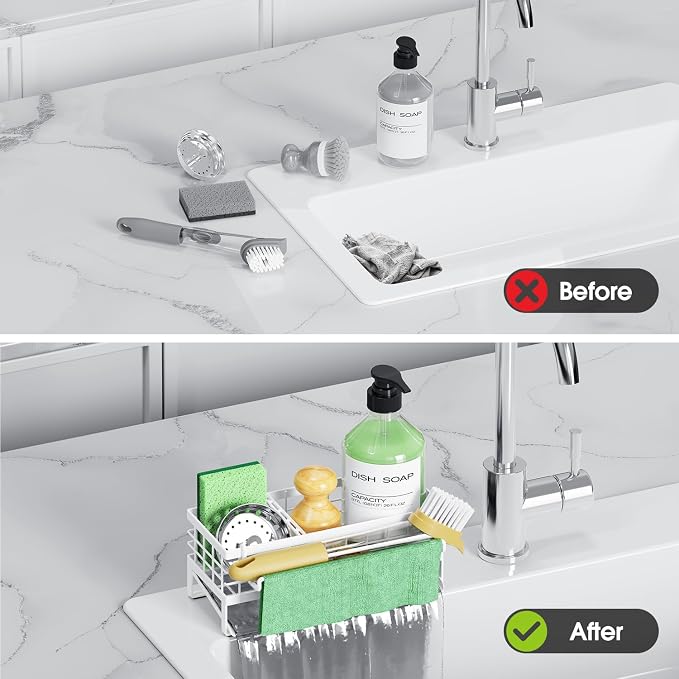 Kitchen Sink Caddy, Rustproof Self-Draining Sponge Holder, White | Metal Kitchen Caddy Sink Organizer, Detachable Dish Cloth Holder, Non-Slip Base, Kitchen Countertop Storage Accessories - Image 7