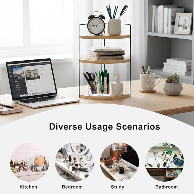 Corner Bathroom Counter Organizer Countertop Brown, 2 Pack 3 Tier Corner Shelf Wood Vanity Tray Easy Assembly Space Saving Shelf for Kitchen, Bathroom, Dresser, Makeup, Office - Image 9