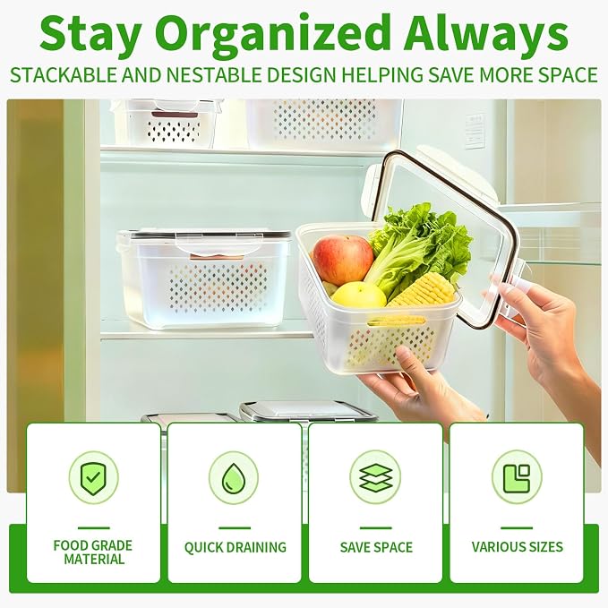 PRAKI Fruit Storage Containers for Fridge with Removable Colander, 5-Pack | 4 in 1 Food Storage Containers, Produce Saver for Refrigerator Keep Fruits, Berry Fresh Longer, Multiple Sizes, BPA-Free - Image 6