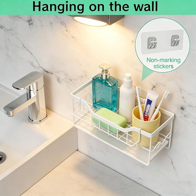 Sponge Holder for Kitchen Sink - Sink Caddy Organizer with Auto Drain Tray, Detachable Towel Rack, Stainless Steel Kitchen Counter Organizer Rack (White) - Image 5