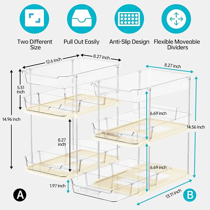 Delamu 2 Pack 3-Tier Bathroom Under Sink Organizers and Storage, Multi-Purpose Stackable Pantry Organization and Storage, Pull Out Clear Kitchen Bathroom Cabinet Organizer with Movable Dividers, Beige - Image 2