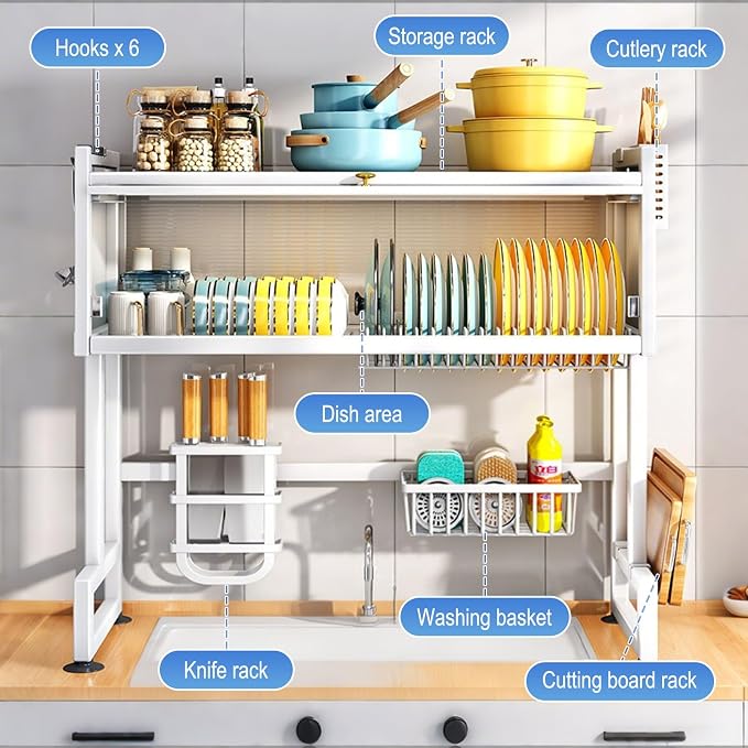 Over Sink Dish Drying Rack 2 Tier Stainless Steel Dish Drainer with Cover and Utensil Holders Large Capacity Space Saving Kitchen Organizer - Image 7