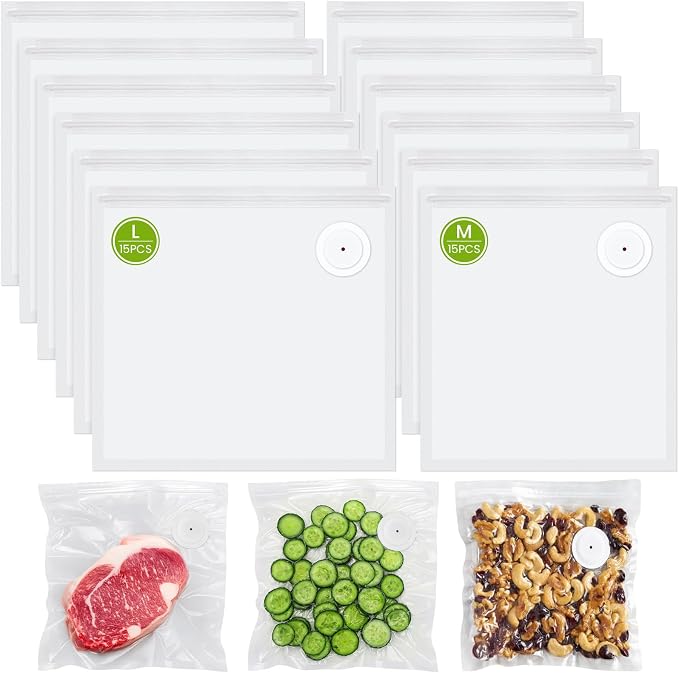 FEPPO Vacuum Sealer Bags for Food,15 PCS 8.3"×8.7" & 15 PCS 10.2"×11" Reusable Vacuum Seal Bags with Air Valve for Food Storage, Ideal for Freshness Preservation by FEPPO