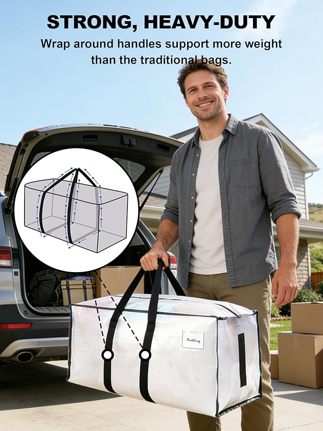 HOMESURE Supports 200lbs Heavy Duty Moving Bags - Strong Zipper & Wrap-Around Handles - Water-Resistant Storage Totes, Durable Alternative to Moving Boxes - 40 Pack - Semi-Transparent - Image 2