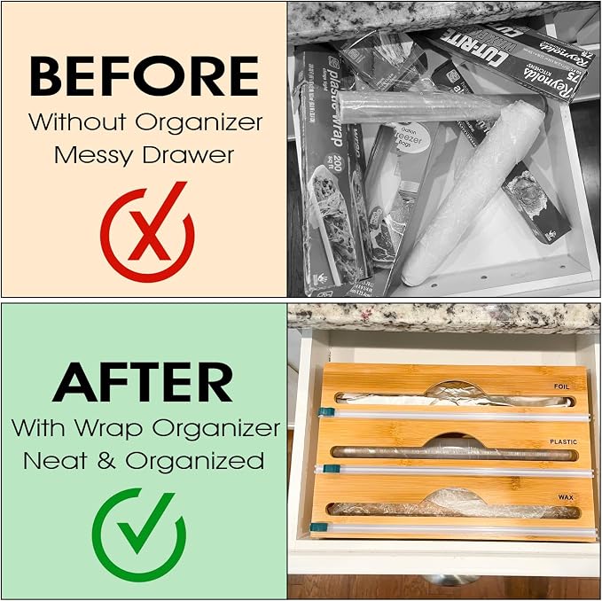 3-in-1 Bamboo Wrap Organizer with Cutters, Labels, Interior Holders, Anti-Slip Pads - Kitchen Drawer, Pantry, Storage for Plastic Wrap, Aluminum Foil, Wax Paper, Kitchen Storage, 12" Roll Holder - Image 5