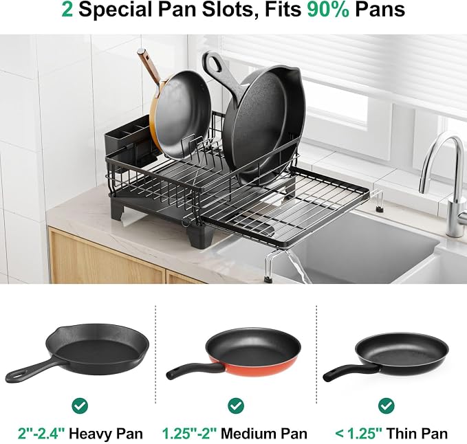 GSlife Expandable Dish Drying Rack - Over Sink & Countertop Use, Black | 12.6"-22.4" Adjustable Length, Extra Drying Space, Auto-Drain Spout, Large-Capacity, Removable Utensil Holder, Rust-Resistant - Image 3