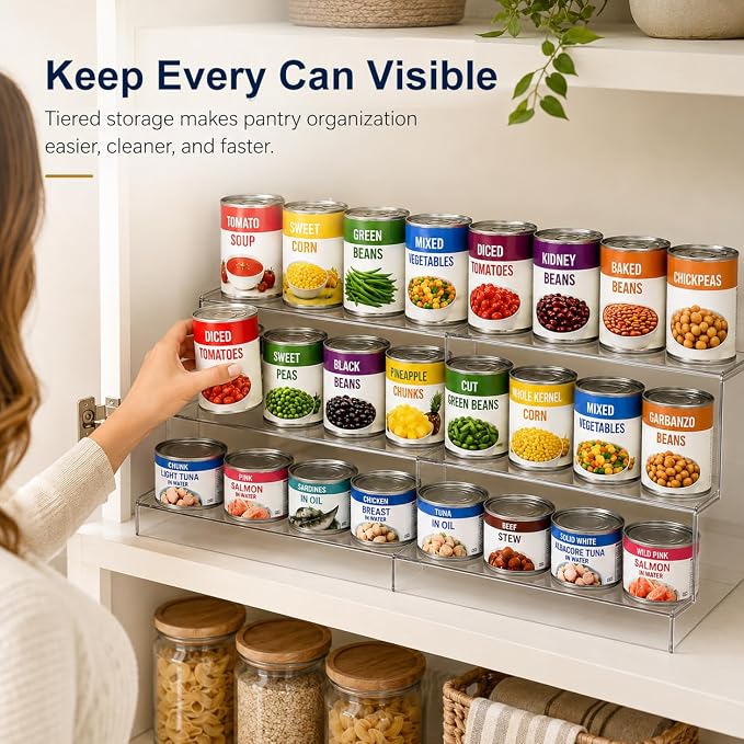 Expandable Can Rack Organizer for Pantry:3-Tier Clear Acrylic Canned Food Storage Holder, Adjustable Pantry Shelf for Kitchen Cabinet & Countertop, Holds Up to 24 Cans - Image 5
