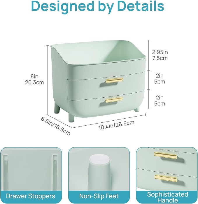 Vtopmart 3-Tier Skincare Makeup Organizer with Drawers, Green | For Vanity and Bathroom Countertop, with Drawers, Large Cosmetic Storage Box Case, , Non-Slip Base - Image 2