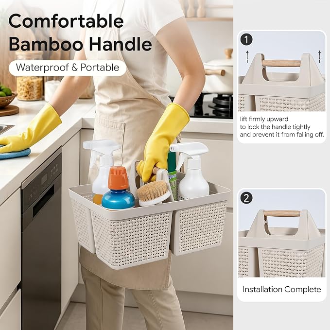 UUJOLY Portable Plastic Shower Caddy Basket with Wooden Handle, Beige | Divided Storage Organizer Tote for Bathroom, Dorm, College, Kitchen & RV – Lightweight, Easy-Carry Essentials Caddy - Image 2