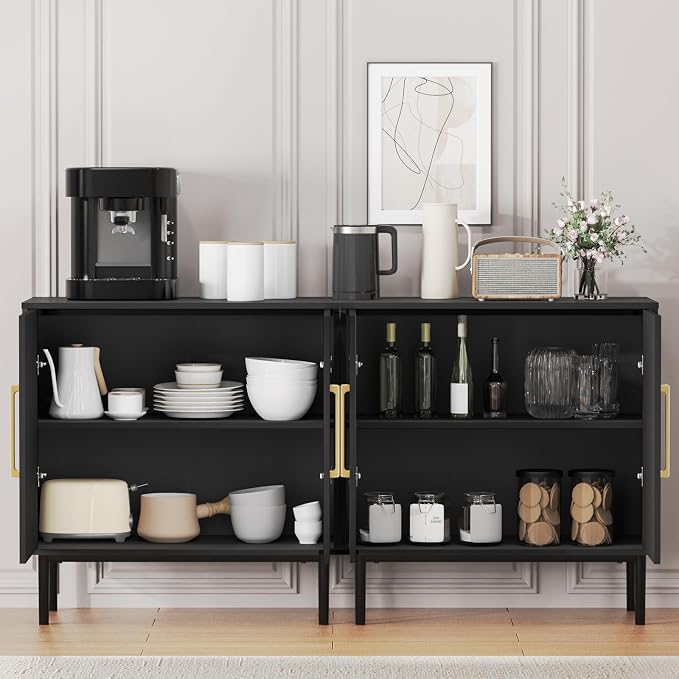 Set of 2 Black Storage Cabinet with Doors, Modern Accent Cabinet, Free Standing Cabinet with Adjustable Shelf, Wooden Buffet Sideboards for Living Room, Kitchen, Dining Room, Entryway - Image 6