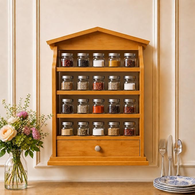 Natural Wood Spice Rack Wall Mount – 4-Tier Wooden Kitchen Organizer with Drawer, Holds 24 Small Spice Jars, Decorative Wall Display Shelf by Xalbadora