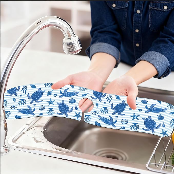 2 Pcs Kitchen Sink Splash Guard Faucet Mat Marine Elements Faucet Mat for Sinks Turtle Pattern Absorbing Drying Mats for Kitchen Bathroom, 23.6x5.5inch - Image 6