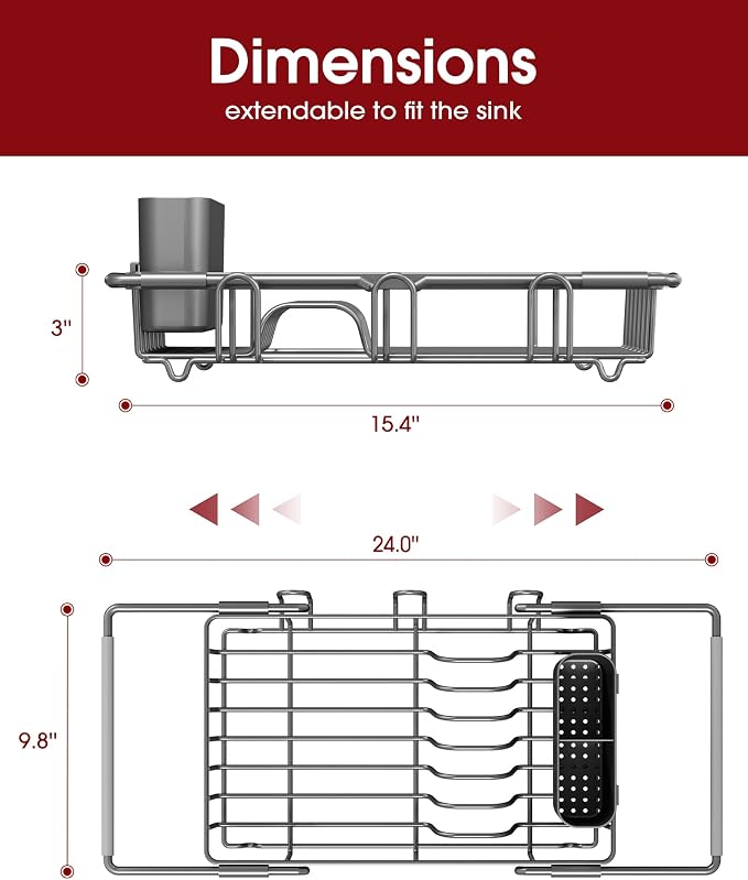 Sakugi Dish Drying Rack in Sink - Expandable Stainless Steel Dish Rack Over the Sink, Kitchen Sink Drain Strainer with Cutlery Holder & Cup Holders, 15.4 x 9.8 x 3.0 Inch, Grey - Image 3