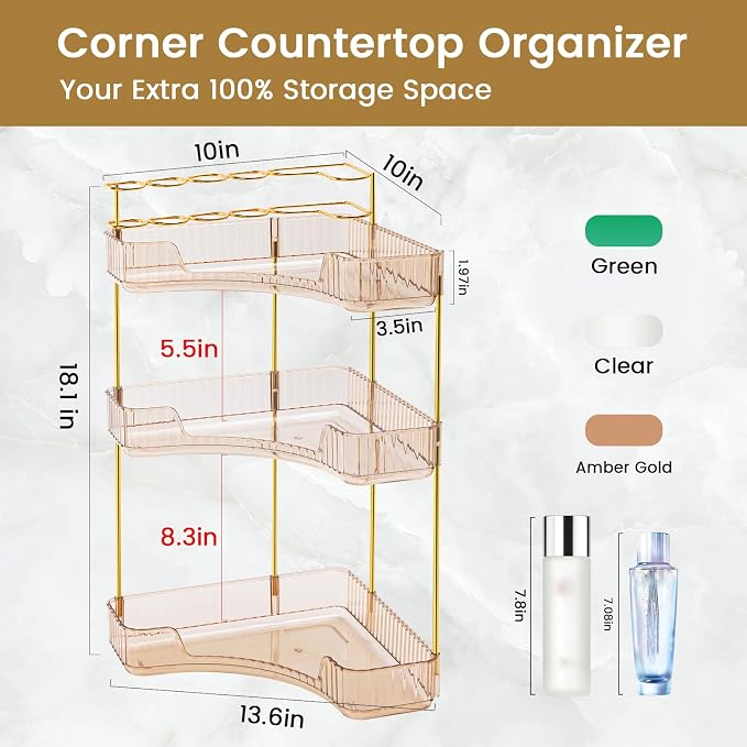 Makeup Organizer 3-Tier Bathroom Counter Organizer with Makeup Brush Holder | Corner Bathroom Organizer Countertop, Acrylic Counter Storage for Bathroom Dresser, Skincare Perfume Organizer- Amber Gold - Image 3
