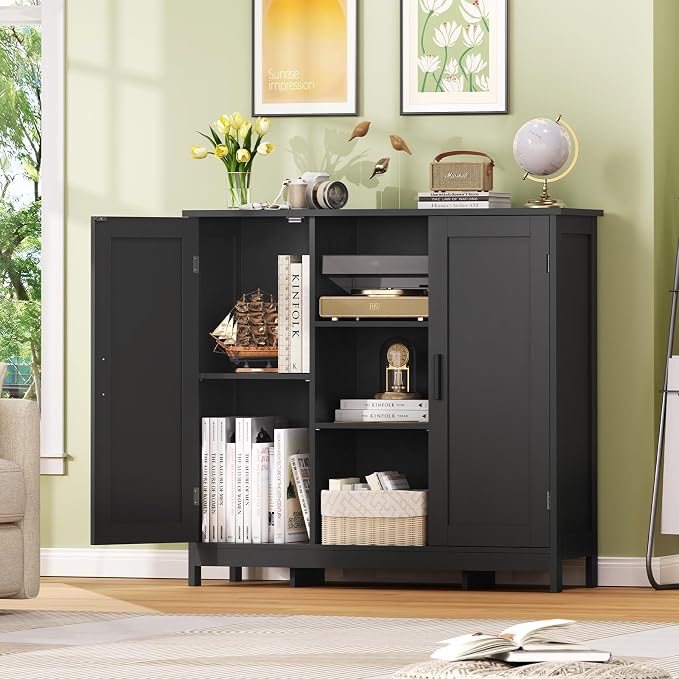 Iwell Storage Cabinet with 2 Doors and 4 Storage Shelves, Bathroom Cabinet, Cupboard for Living Room, Home Office, Entryway, Black - Image 4