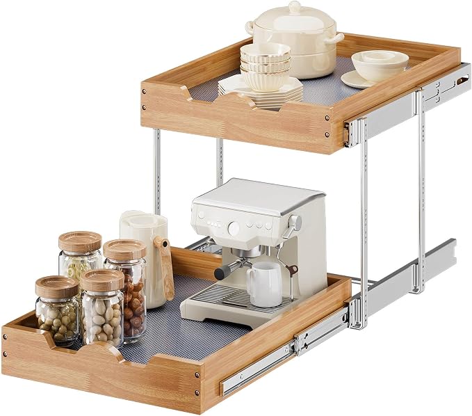 OCG 2 Tier Pull Out Cabinet Organizer (17"W x 21"D), Double Tier Slide out Wood Drawer Shelf, Pull Out Shelves for Base Cabinet Organization in Kitchen, Pantry, Bathroom by OCG