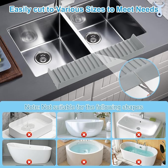 Silicone Faucet Splash Guard 4" x 20", Faucet Water Catcher Mat, Longer Silicone Sink Mat for Kitchen, Bathroom, Laundry Room, Farmhouse for Quartz Kitchen Sink（Gray） - Image 5