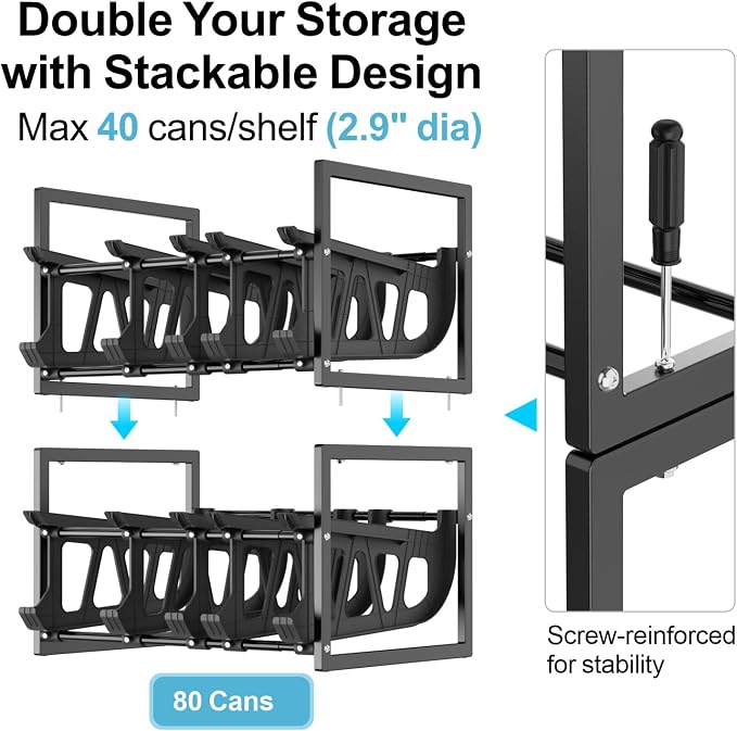Can Storage Organizer Pantry - Auto-Rolling Expandable Hold 80 Cans | Stackable For Walk-in Deep Pantry Shelf, Adjustable Width for Food Cans, Sturdy Metal Frame, Easy Access & Restocking, Black - Image 7