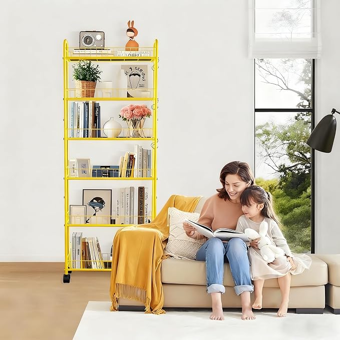 6-Tier Slim Storage Cart with Wheels, Metal 6in Narrow Rolling Shelf, Sturdy Slim Storage with Hooks Ideal for Kitchen, Bathroom, and Laundry Room, Yellow - Image 4