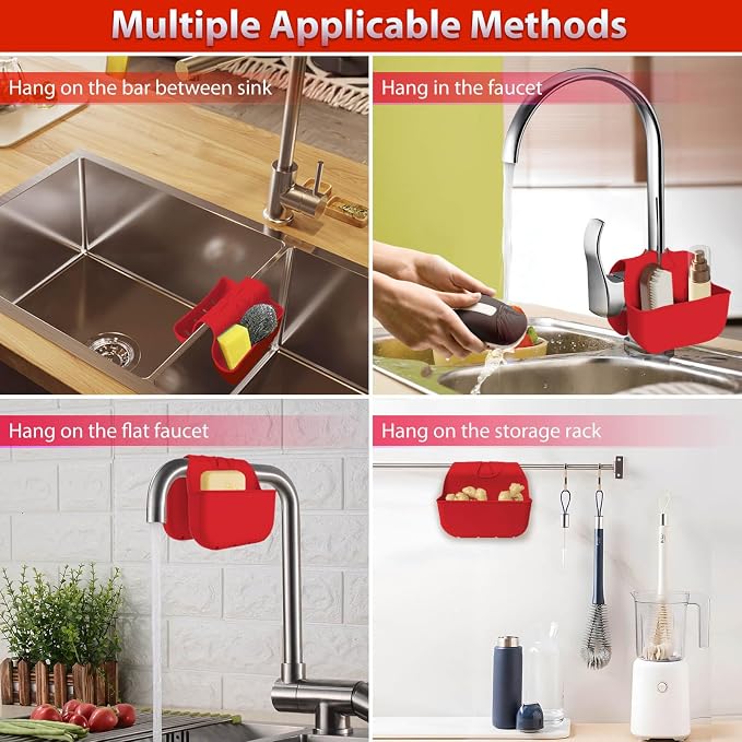 Sponge Holder for Kitchen Sink, Silicone Sink Saddle Caddy Organizer Rack, Sponges Holder Over Faucet, Hanging Kitchen Organizer Accessories Rack Basket Red - Image 4