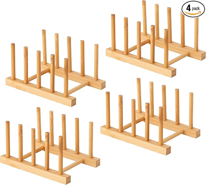 HBlife 4pcs Bamboo Dish Plate Bowl Cup Book Pot Lid Cutting Board Drying Rack Stand Drainer Storage Holder Organizer Kitchen Cabinet（Keep Dry） by HBlife