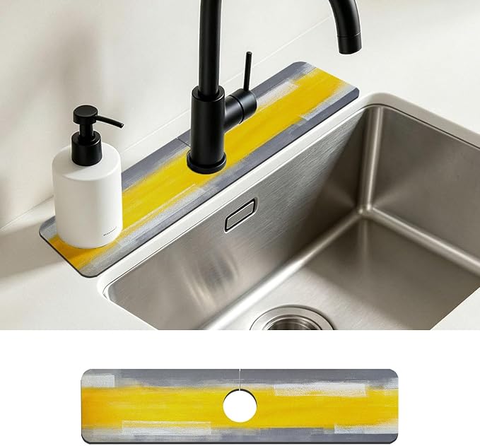 Kitchen Faucet Mat Grey and Yellow Abstract Geometric Sink Splash Guard Behind Faucet Draining Mat Kitchen Accessories Non-slip Easy to Clean for Bathroom & Kitchen 24"X5.5" by Unknown