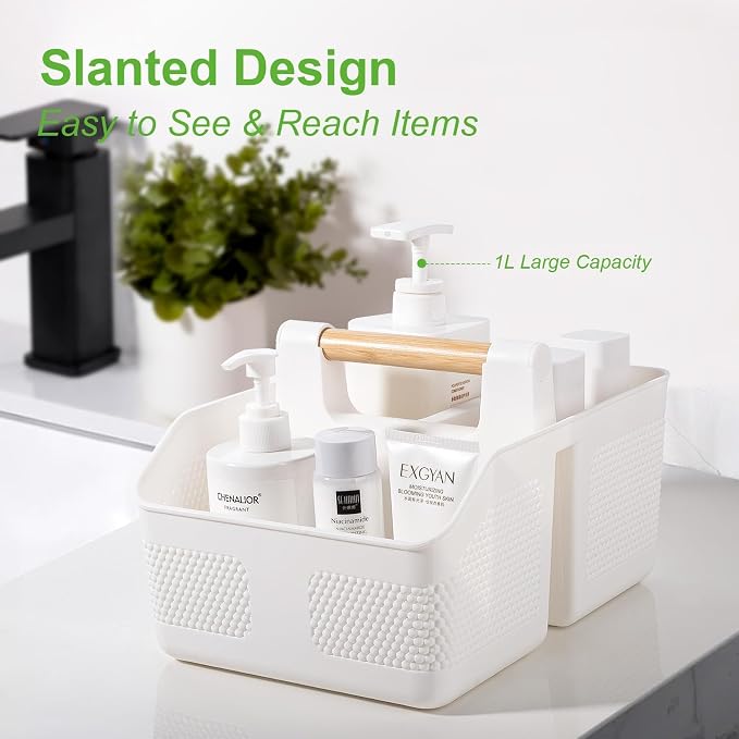 Plastic Shower Caddy Portable Shower Basket with Bamboo Handle, White | Cleaning Caddy Organizer Storage Tote for Bathroom, College Dorm Essentials, Bath Toy Storage - Image 6