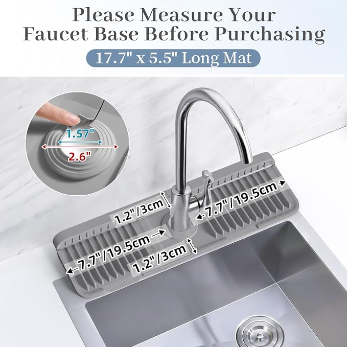 PoYang 17.7 Inch Faucet Mat for Kitchen Sink Splash Guard, Silicone, Grey | Sink Protectors with 7° Slope for Smooth Drainage, Snap Button Holds It in Place, 90° Foldable & Cuttable Hole Fit Most Sinks - Image 3