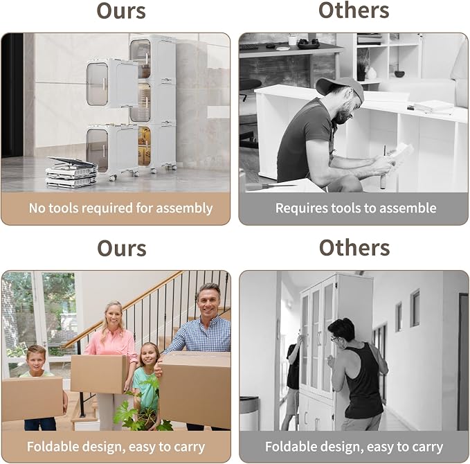 5 Tier Slim Bathroom Storage Cabinet, Foldable and Movable, White | Tools Free, ABS and PET, Magnetic Clear Door, Adjustable Shelves, Lockable Wheels, Water Resistant, For Narrow Space - Image 8