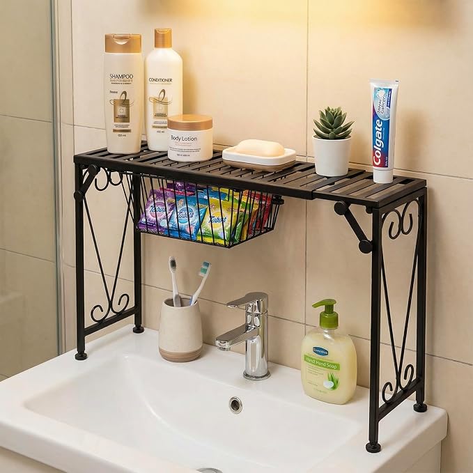 MyGift Expandable Black Metal Over Sink Shelf with Pull Out Drawer | Kitchen & Bathroom Organization, Countertop Space Saver, Adjustable Design, Hidden Drawer, Decorative Scrollwork Accent - Image 5