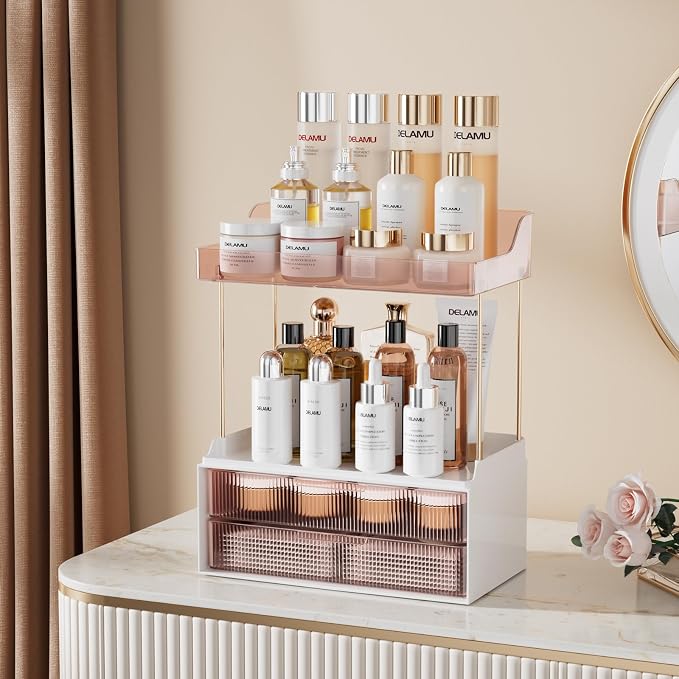 Delamu 4-Tier Makeup Organizer, Bathroom Counter, 2 Drawers, Grapefruit | Elegant Vanity Organizer Gift for Women, Holds Perfume, Skincare, Nail Polish & Hair Accessories for Bathroom Countertop - Image 3