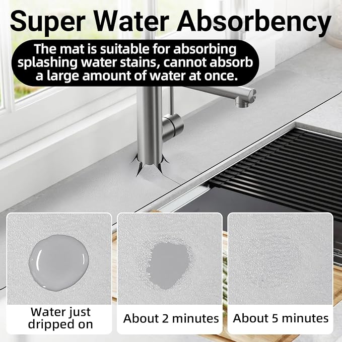 LOPNUR Cuttable Faucet Mat for Kitchen Sink, Long 29x5.5 Inch, Dark Grey | Super Absorbent & Fast Dry Diatomite Sink Splash Guard, 0.8-2.4 Inch Adjustable Faucet Hole, Cut to Fit Bathroom & RV Sinks - Image 2