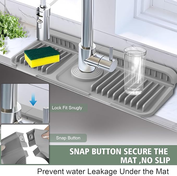 14.6-Inch Kitchen Sink Splash Guard Mat | 7° Slope for Fast Self-Draining | Snap-Lock Design | Universal & Cuttable Silicone Faucet Mat GRAY - Image 2