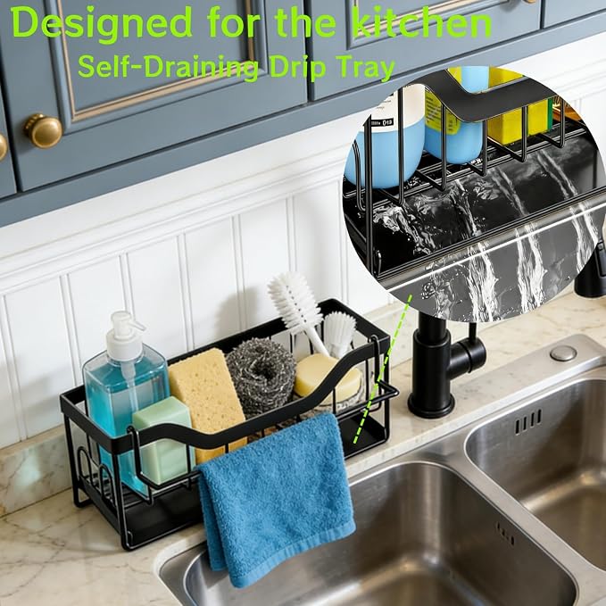 Sponge Holder for Kitchen Sink - Sink Caddy Organizer with Auto Drain Tray, Detachable Towel Rack, Stainless Steel Kitchen Counter Organizer Rack, Black - Image 2