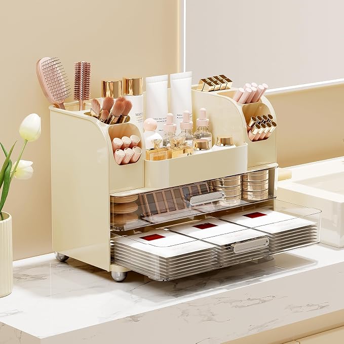 UFORU Makeup Organizer Countertop with 2 Large Drawers for Vanity Bathroom | Brush Holder, Large Capacity, Thickened Plastic, Compact Footprint, Space-Saving Design, Easy Clean, Ideal for Dorm Rooms - Image 2