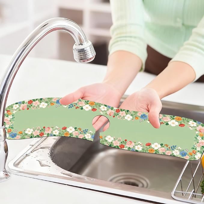 2 Pcs Kitchen Sink Splash Guard Faucet Mat Green Wreath Faucet Mat for Sinks Wreath Border Absorbing Drying Mats for Kitchen Bathroom, 23.6x5.5inch - Image 6