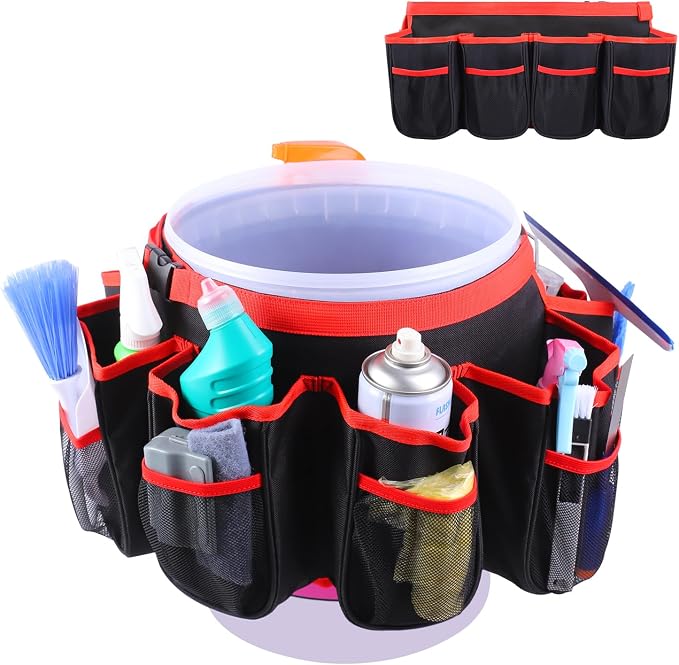 Portable Bucket Cleaning Tool Organizer,5 Gallon Bucket Holder | Home Cleaning Supplies,Foldable Wash Tool Caddy Organizer More Mesh Pockets for Housekeeping,Easy to Use by LOTCAIN
