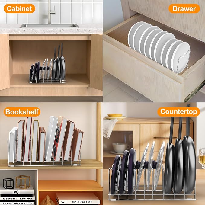 FLSEPAMB Lid Organizer Pot Lid Organizer 10-Tier Pot Lid Rack Holder Suitable for Bakeware Dish Plate, Cutting Boards, Pots & Pans, Serving Trays, Reusable Containers in Cabinet Pantry (1 Pack) - Image 7
