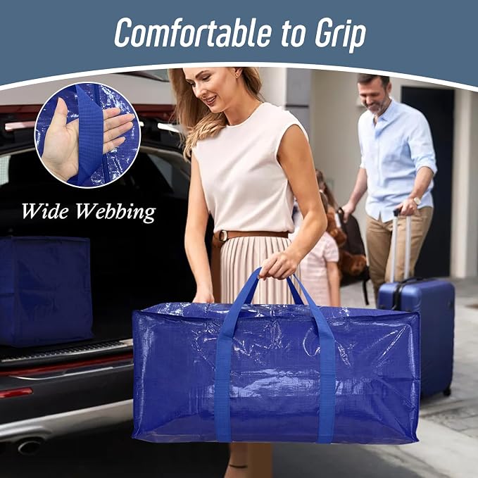 12 Pack Extra Heavy Duty Large Moving Bags with Strong Zipper, Blue | Comfortable Handles, Sturdy & Durable Clothes Storage Bags Totes Bins, Blue Packing Moving Boxes for College Supplies - Image 6