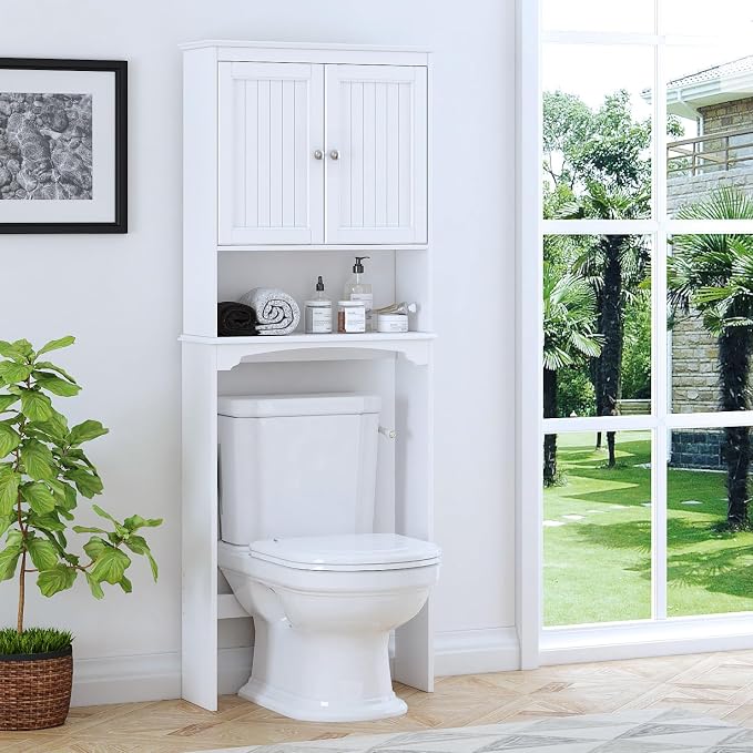Spirich Over The Toilet Storage Cabinet with Doors, Bathroom Organizer | White, Adjustable Shelf, Anti-Tip Fitting, FSC-Certified MDF, Beadboard Design, 33.3" Toilet Clearance, Adjustable Crossbar - Image 8