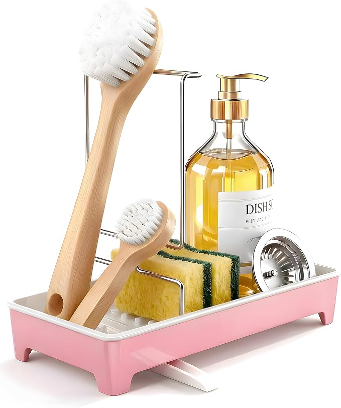 Minimalist Sink Caddy, Rustproof Sponge Holder for Kitchen Sink Pink | Large Rustproof countertop organizer with 304 stainless steel brush holder, raised ridges and silicone drain tube - Image 2