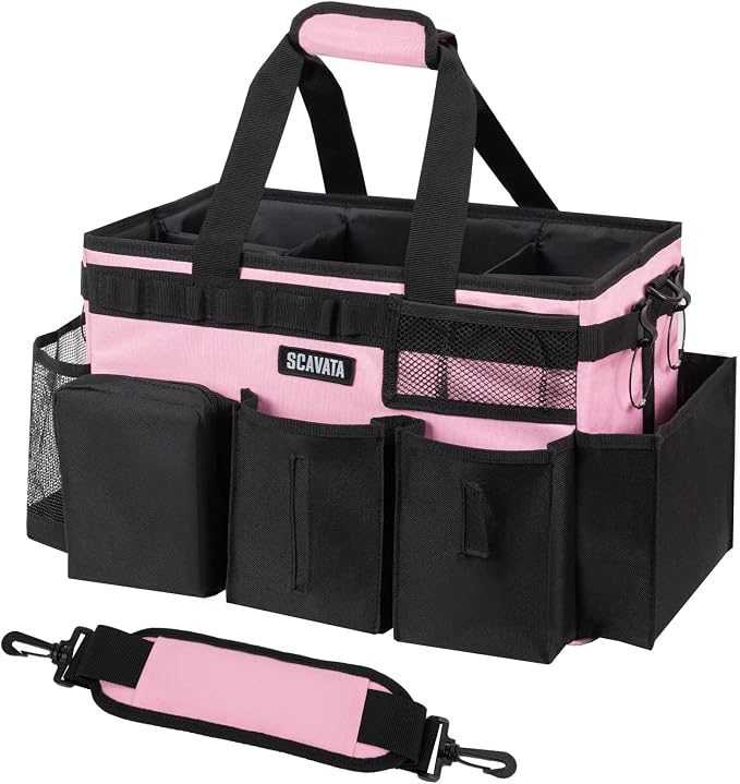 SCAVATA Wearable Cleaning Caddy Bag, Cleaning Caddy Supplies Organizer with Handle & Shoulder Straps for Housekeepers, Under Sink & Car Cleaning Tool Organizers with 4 Foldable Divider (SweetPink) by Tidyyourlife