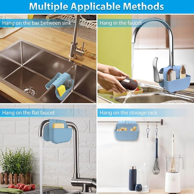 Sponge Holder for Kitchen Sink, Silicone Sink Saddle Caddy Organizer Rack, Sponges Holder Over Faucet, Hanging Kitchen Organizer Accessories Rack Basket Light Blue - Image 4