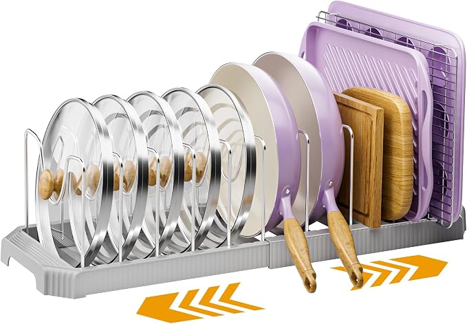 MUDEELA Pots and Pans Organizer under Cabinet, Pan Pot Organizer Inside Cabinet, Expandable 12.9''-21.88'' Pot Lid Organizer Holder with 12 Adjustable Dividers for Cutting Boards, Pan Lid Rack, Grey by MUDEELA