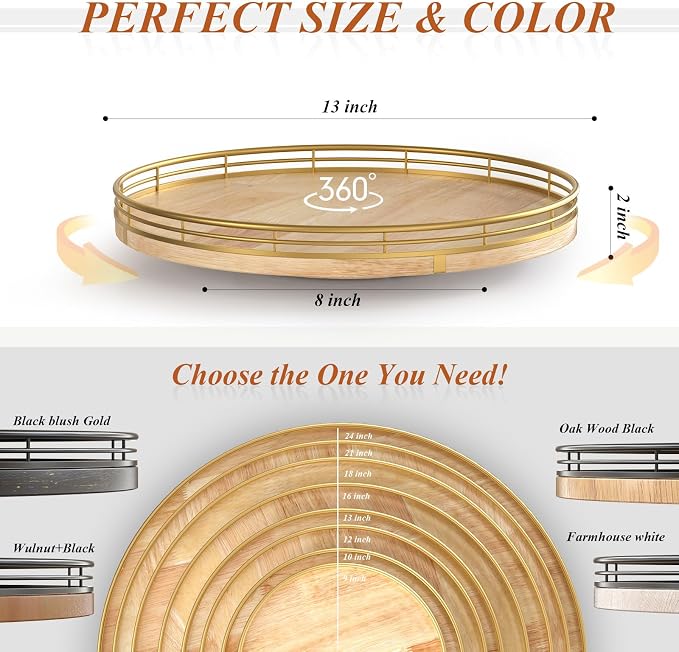 AMH 13-Inch Farmhouse Oak Lazy Susan Cabinet Organizer | Smooth rotating oak tray with walnut finish for dining tables, kitchen counters, pantries and cabinet storage. - Image 5