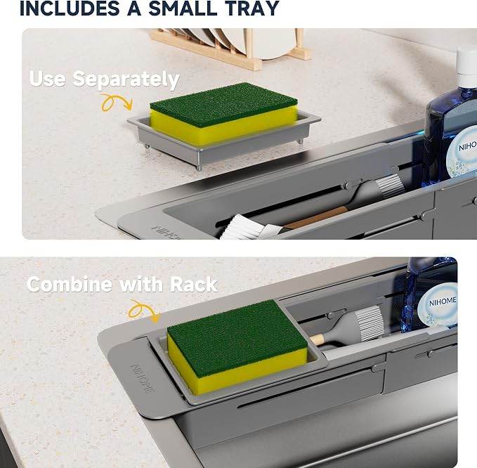 NiHome Extendable Kitchen Sink Caddy, Small Brush Sponge Storage Holder | Expandable Kitchen In Sink Organizer for Brush & Sponge w/ Drainage, Adjustable Length, Non-Slip Pads Durable ABS (Dark Gray) - Image 3
