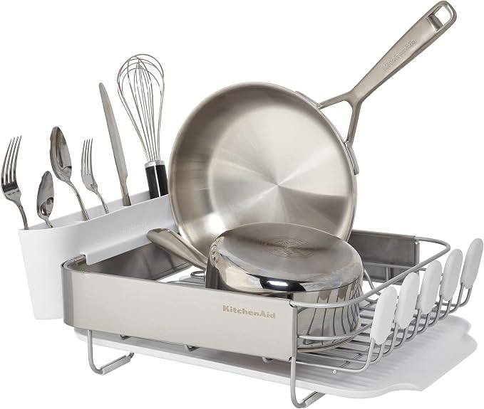 KitchenAid Compact Satin Wire Rust Resistant, Expandable Dish Rack with Angled Self Draining Drainboard with Removable Flatware Caddy, 23.18-Inch, Gray - Image 2