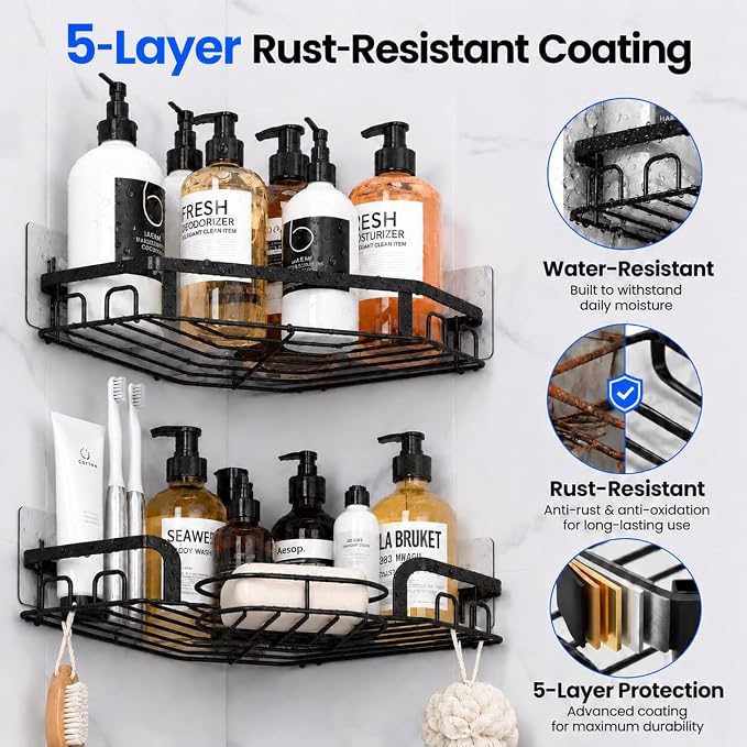 Corner Shower Caddy, Rustproof Shower Organizer with Soap Holder and 8 Hooks, No Drilling Adhesive Shower Shelves for Inside Shower, Large Capacity Shower Rack for Bathroom Shower Storage, Black - Image 5
