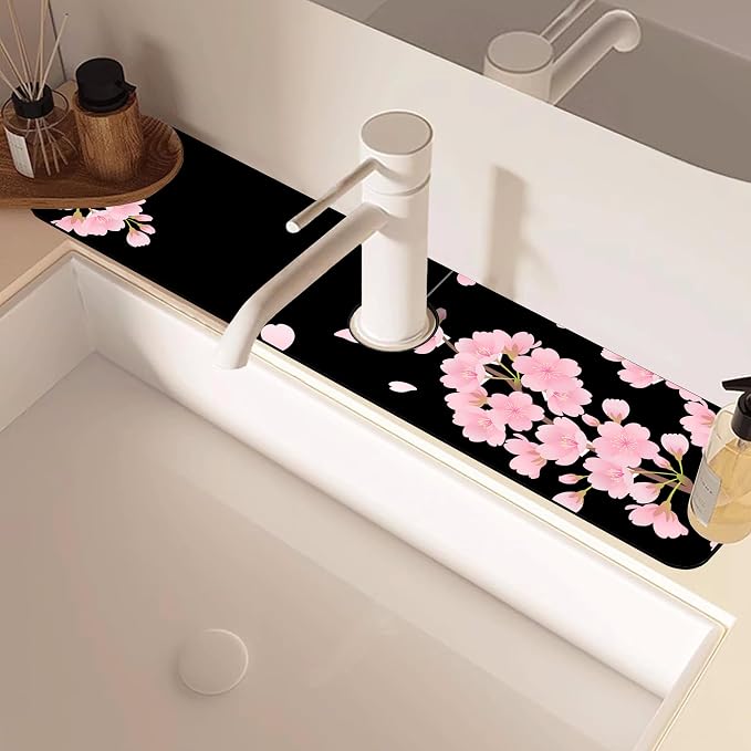 Faucet Mat for Kitchen Sink Romantic Cherry Blossoms Sink Splash Guard Behind Faucet Soft Diatom Mud Material Non-slip Easy to Clean for Bathroom & Kitchen 24"X5.5" - Image 5
