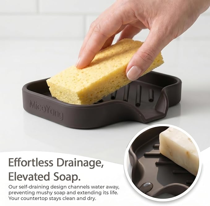 MicoYang Silicone Soap Dish with Drain Spout, Self-Draining Sink Organizer Tray for Bathroom and Kitchen, Sponges, Dispensers and Soap Holder, Non-Slip and Dishwasher Safe, Coffee (Compact, 4.9"×3.2") - Image 7